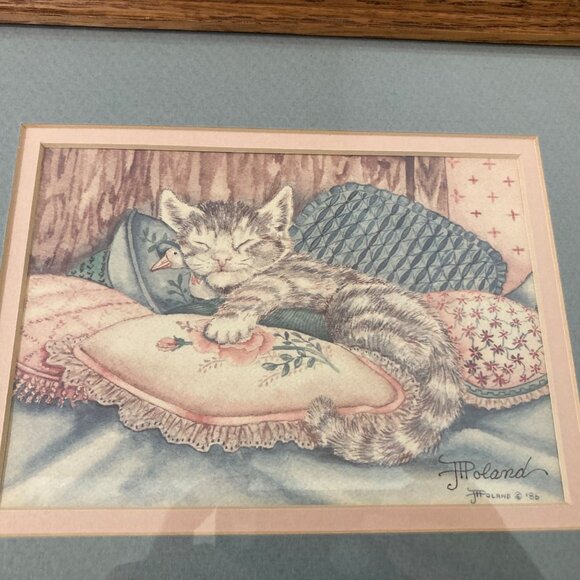 Watercolor Painting Of Cat Kitten Sleeping On Pillows Signed JT Poland - Picture 1 of 7